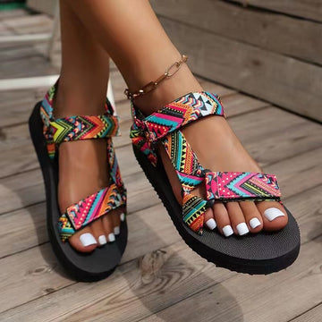 Women's Strappy Flat Sandals - Open Toe - Printed Velcro Strap - Rubber Sole