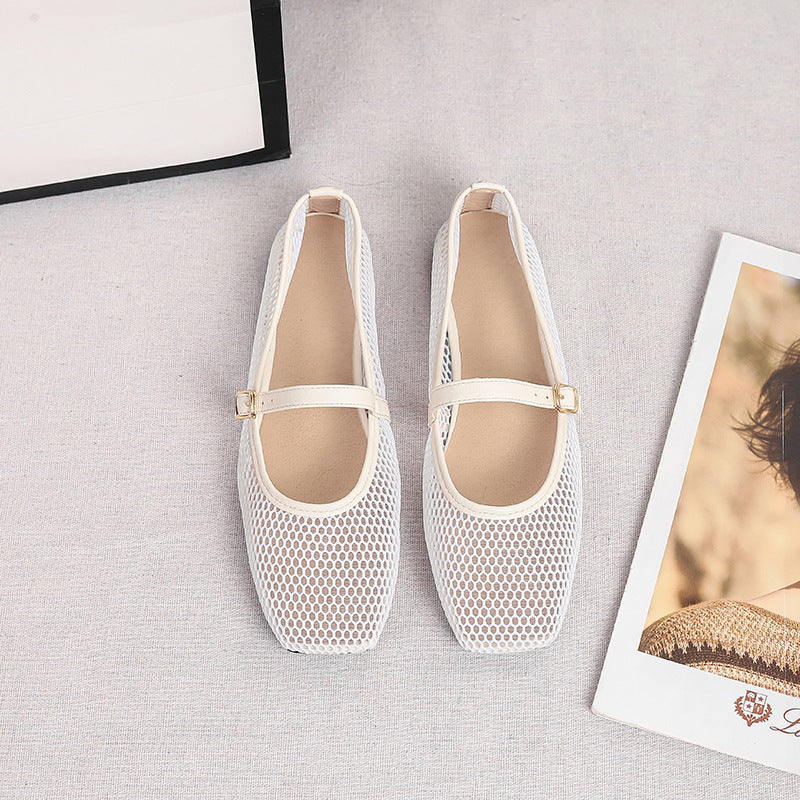 Women's Mesh Mary Jane Flats – Square Toe Buckle Strap Open Weave Upper