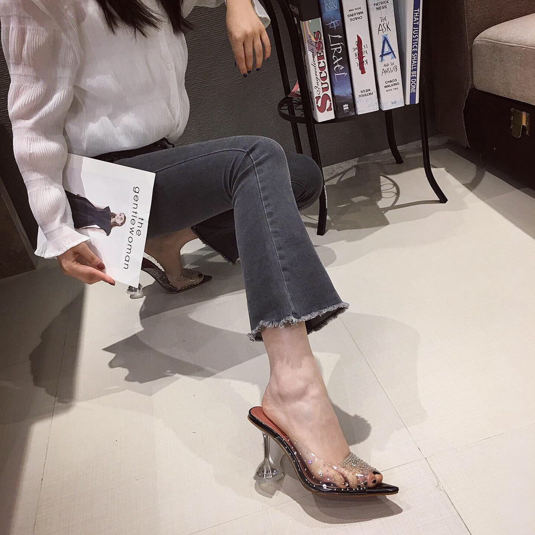 Women's Clear PVC Rhinestone Pointed Toe Slide Heels with Lucite Heel