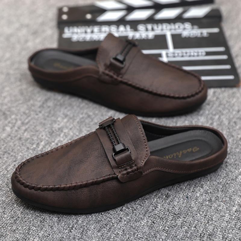 Men's Slip On Loafers Mule – Open Back Round Toe with Buckle Strap Trim