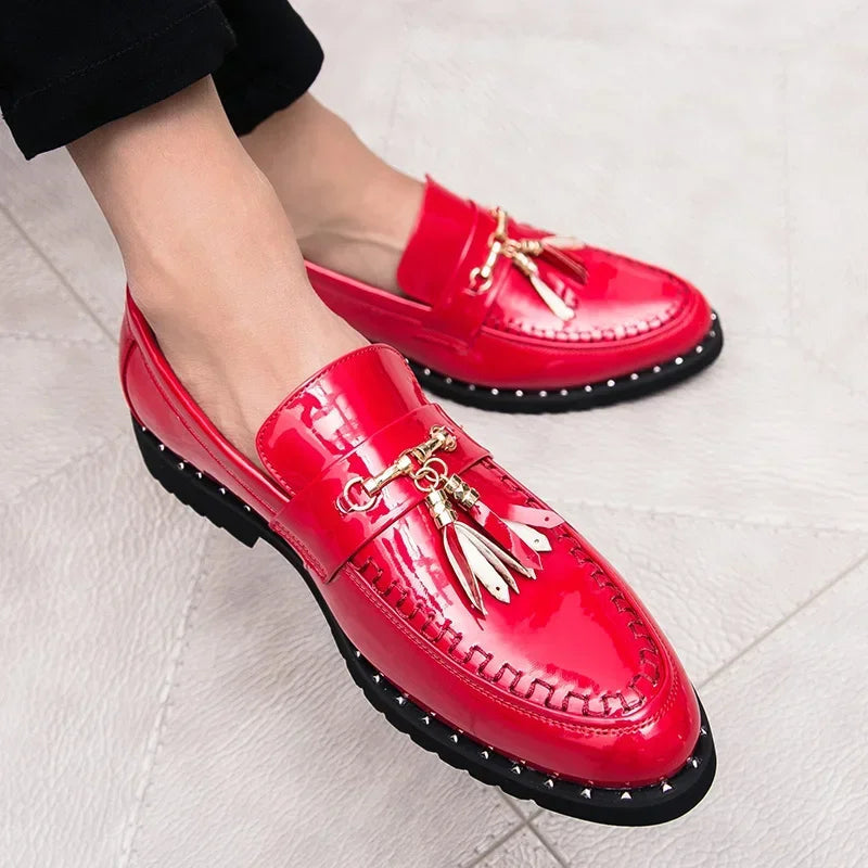 Men's Tassel Loafers - Slip-On Patent Upper - Pointed Toe Low Heel