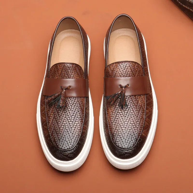 Men's Tassel Loafers - Slip-On Woven Embossed Upper - Flat Sneaker Sole