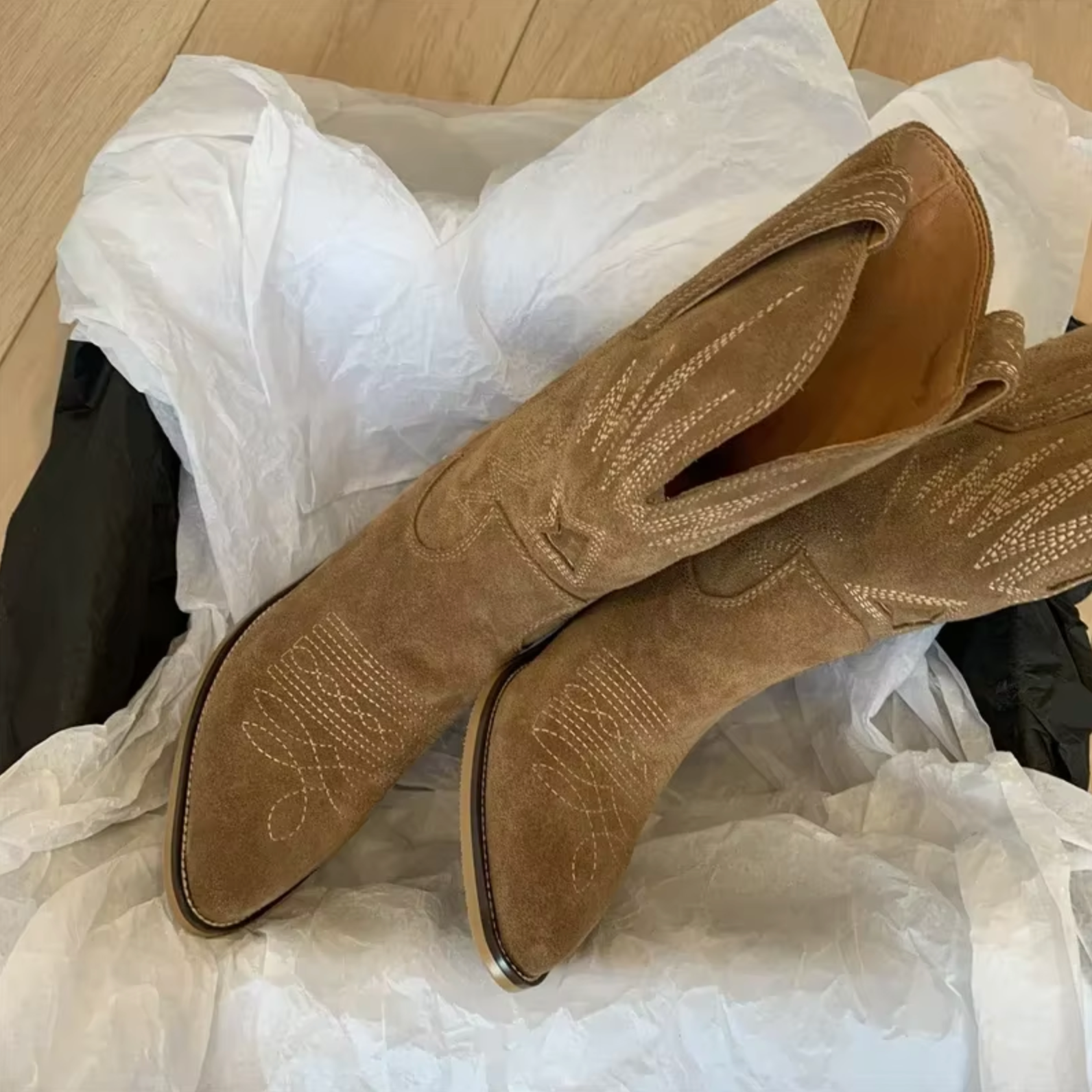 Women's Suede Cowgirl Boots - Pointed Toe Mid-Calf Western Boots - Embroidered Shaft - Block Heel