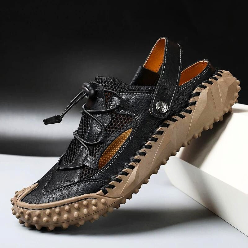 Men’s Leather Sandals with Rounded Closed Toe and Adjustable Strap