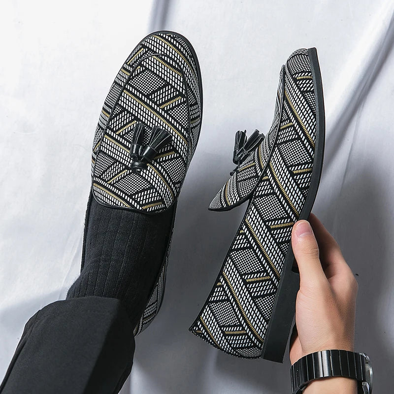 Men’s Almond Toe Checker Weave Faux Leather Tassel Loafers with Slip-On Design