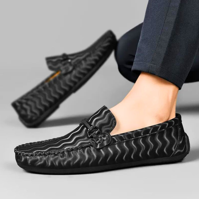 Men's Wave Pattern Leather Driving Loafers - Slip-On Penny Loafers