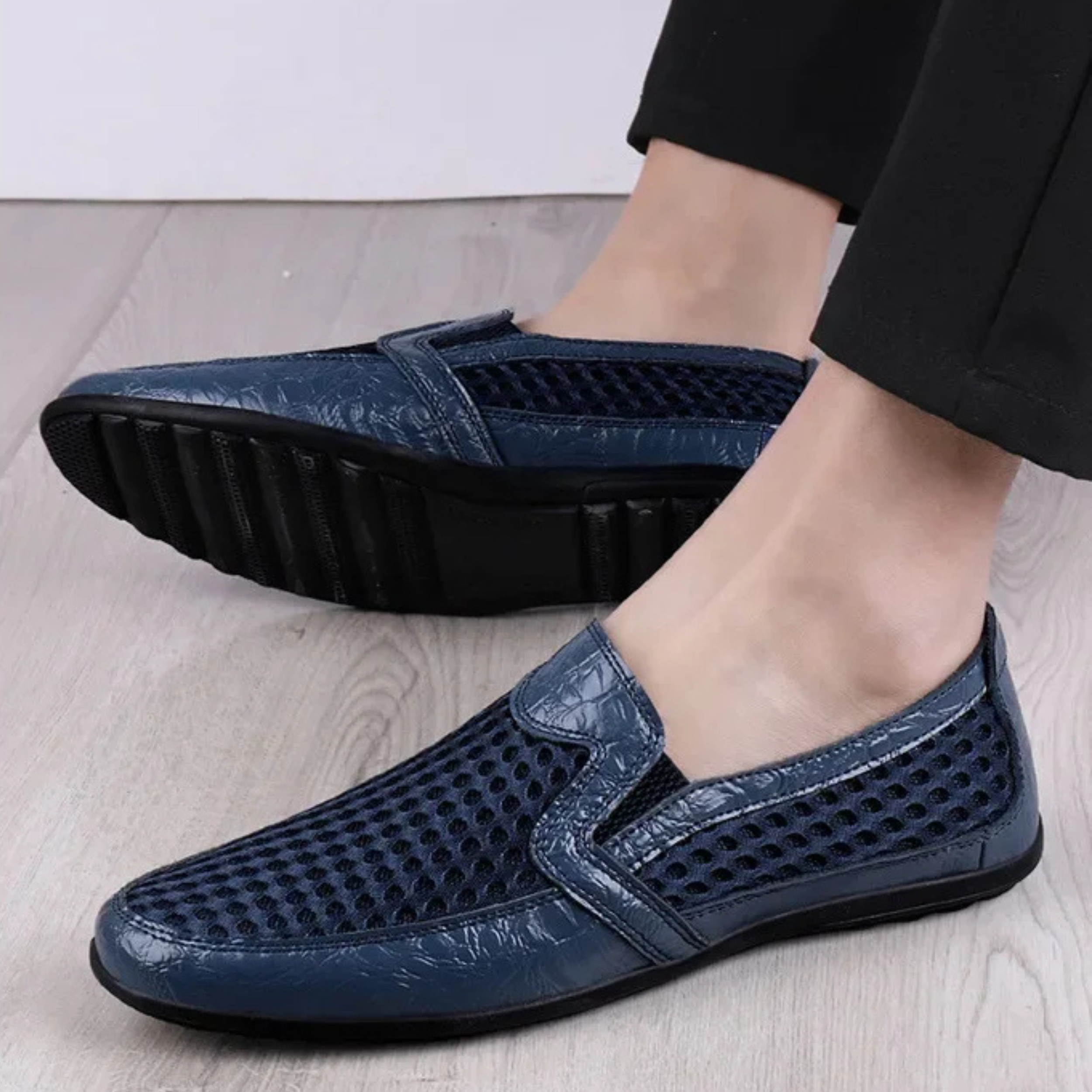 Men’s Round Toe Mesh Faux Leather Loafers with Breathable Perforated Upper