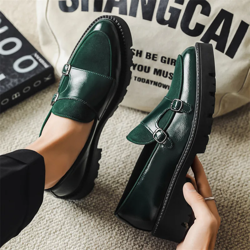 Men's Double Monk Strap Loafers - Platform Lug Sole - Round Toe