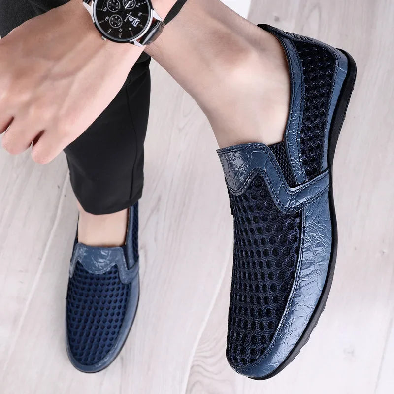 Men’s Round Toe Mesh Faux Leather Loafers with Breathable Perforated Upper