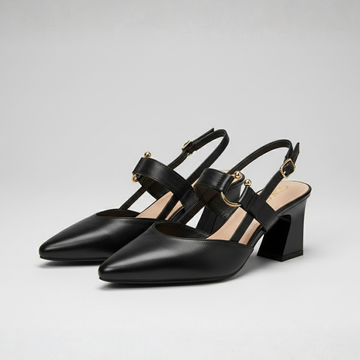 Women’s Pointed Toe Slingback Heels with Block Heel and Strap Detail