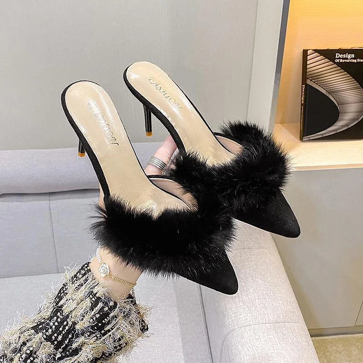 Women’s Pointed Toe Mule Heels with Faux Fur Trim and Stiletto Heel