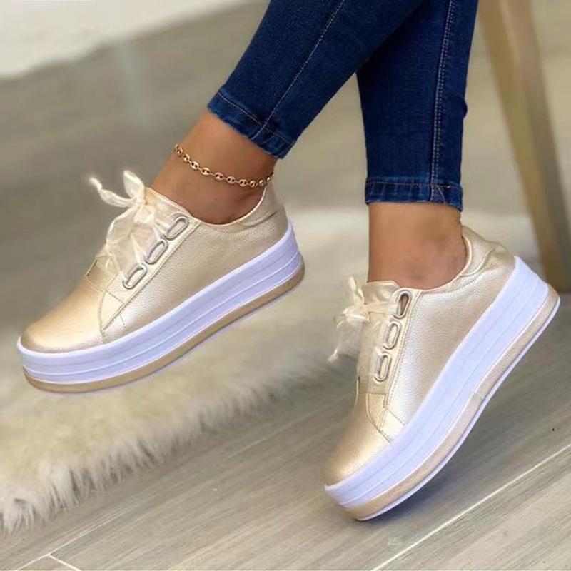 Women's Low Top Platform Sneakers - Lace-Up - Metallic Upper