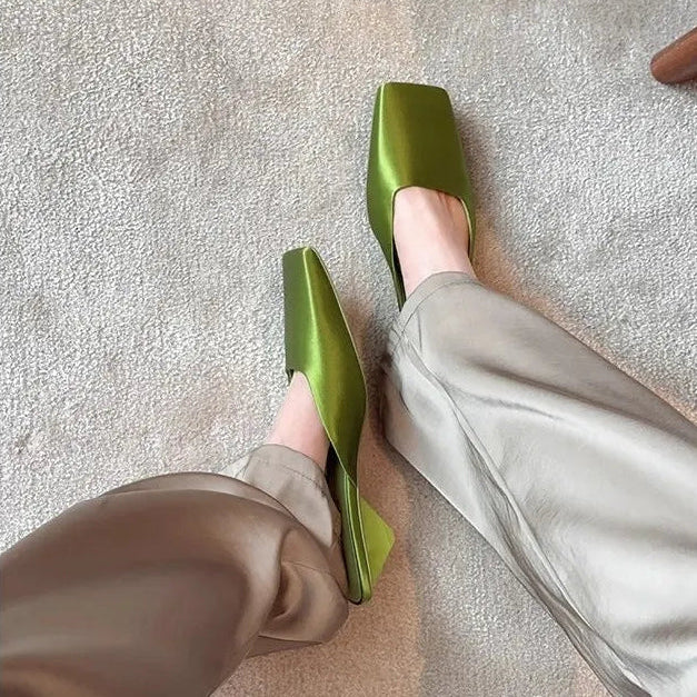 Women's Square Toe Slip-On Mule Slides - Flat Heel - Satin Upper