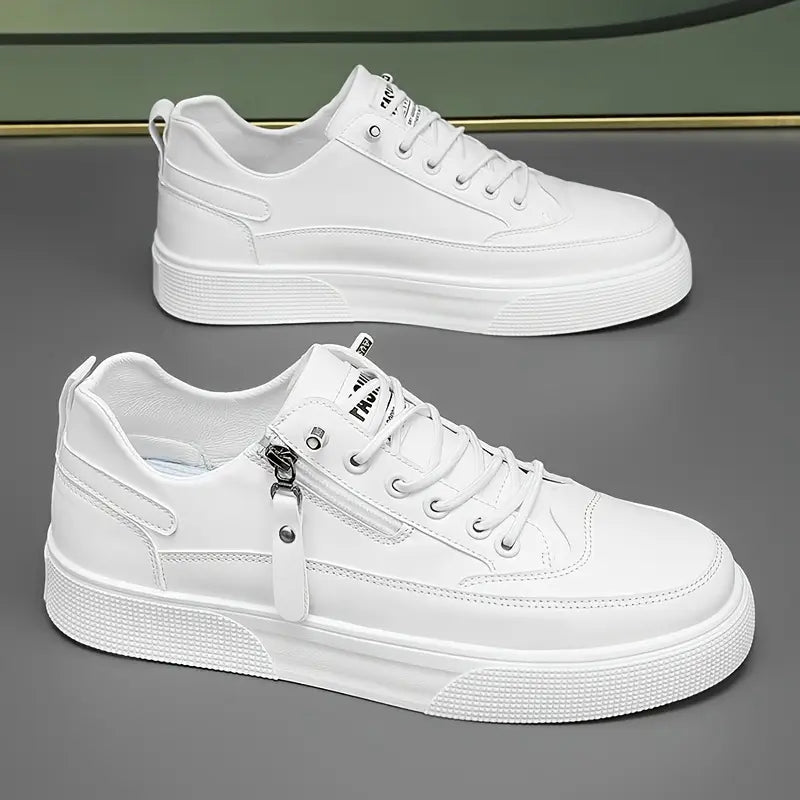 Men’s Rounded Toe Lace-Up Low-Top Sneakers with Side Zip and Flat Rubber Sole