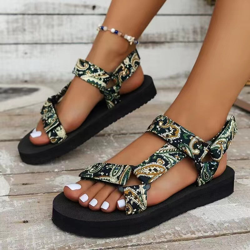 Women's Strappy Flat Sandals - Open Toe - Printed Velcro Strap - Rubber Sole