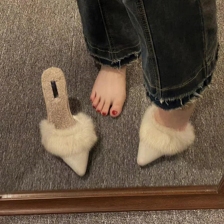 Women’s Pointed Toe Mule Heels with Faux Fur Trim and Stiletto Heel
