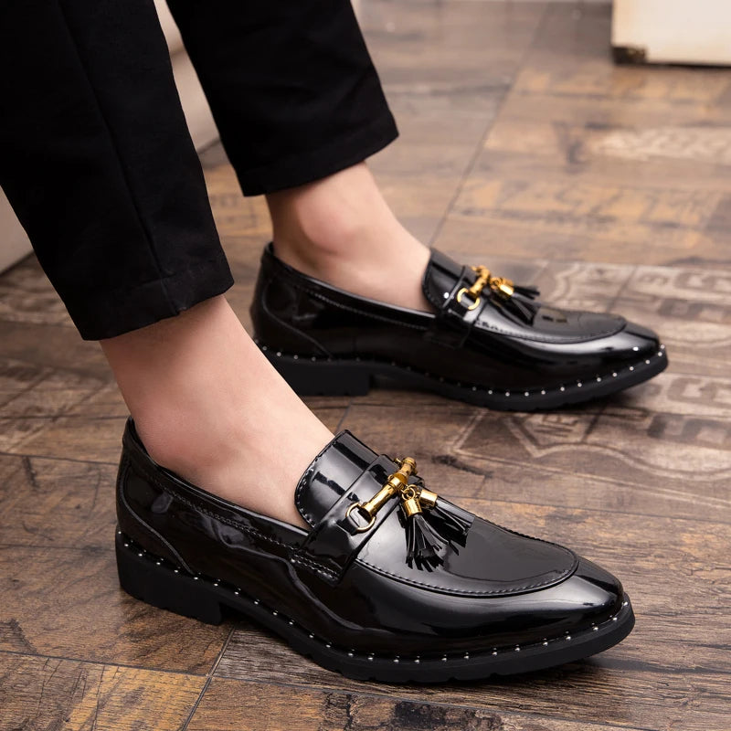 Men's Tassel Loafers - Slip-On Patent Upper - Pointed Toe Low Heel