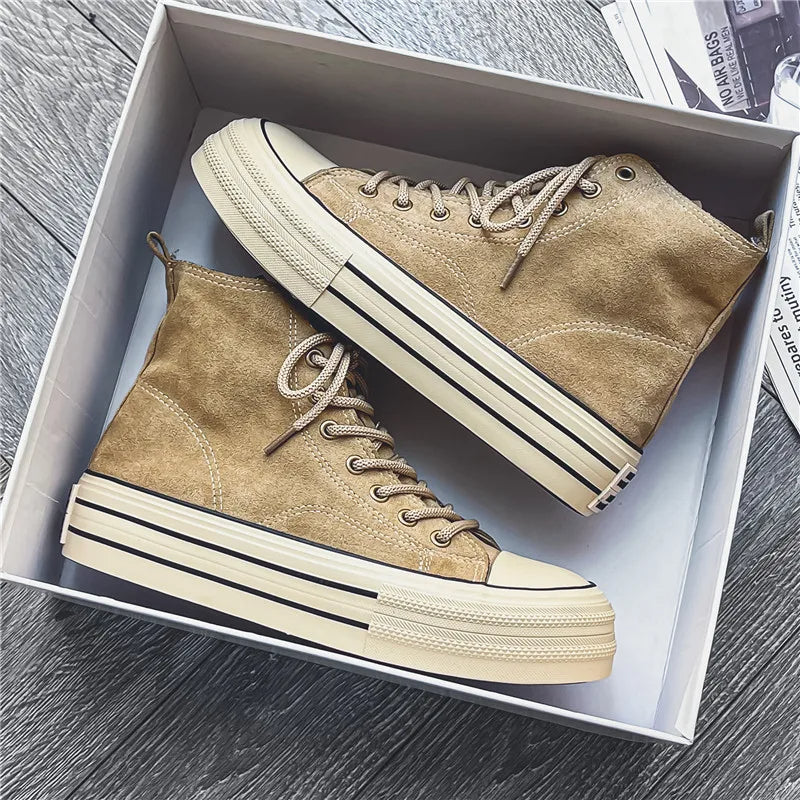 Unisex High Top Sneakers - Lace-Up Suede Upper - Platform Cupsole