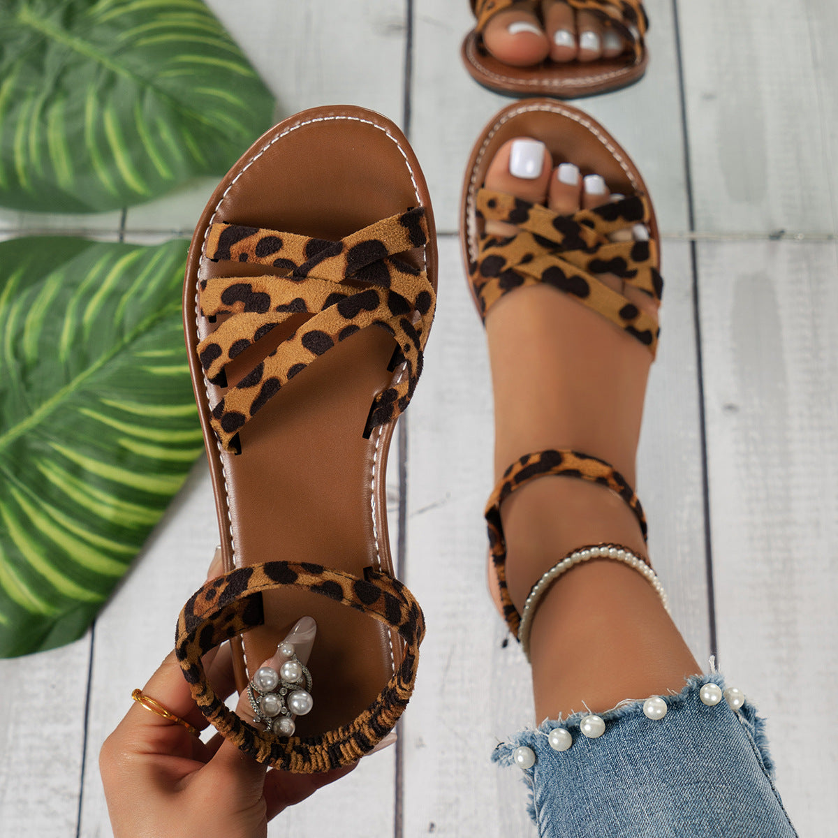 Women's Leopard Print Ankle Strap Flat Sandals