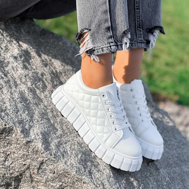 Women's Platform Sneakers – Round Toe Lace-Up Quilted Upper with Lug Sole
