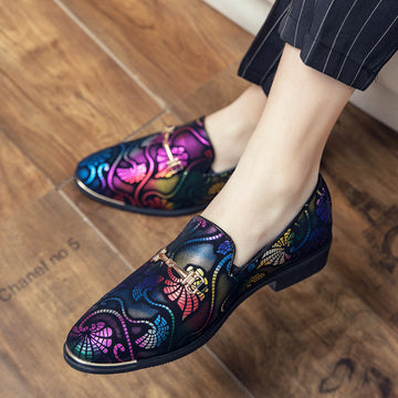 Men's Slip-On Loafers - Pointed Toe - Floral Print Upper - Metal Bit Hardware