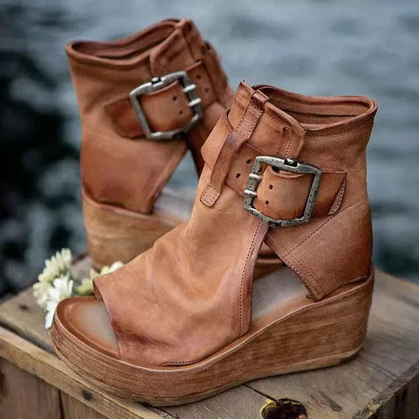 Women's Open Toe Wedge Sandals - Buckle Closure - Platform Ankle