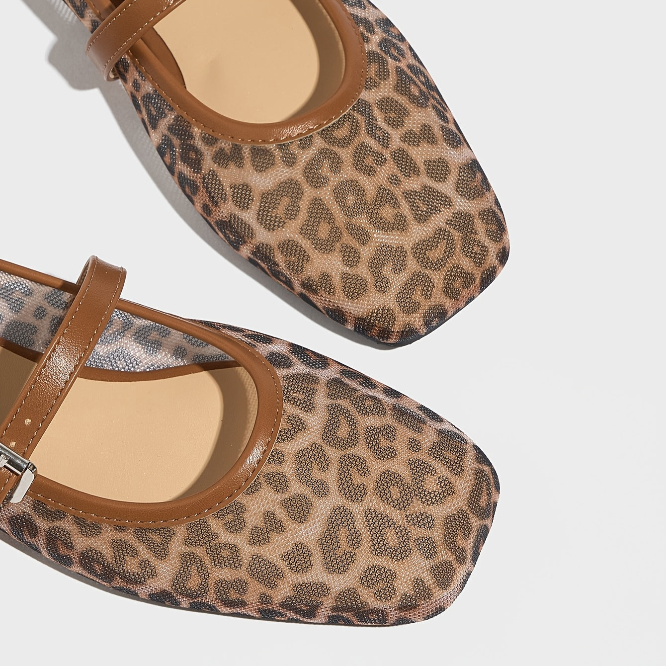 Women's Mary Jane Flats – Square Toe Buckle Strap Mesh Upper with Leopard Print