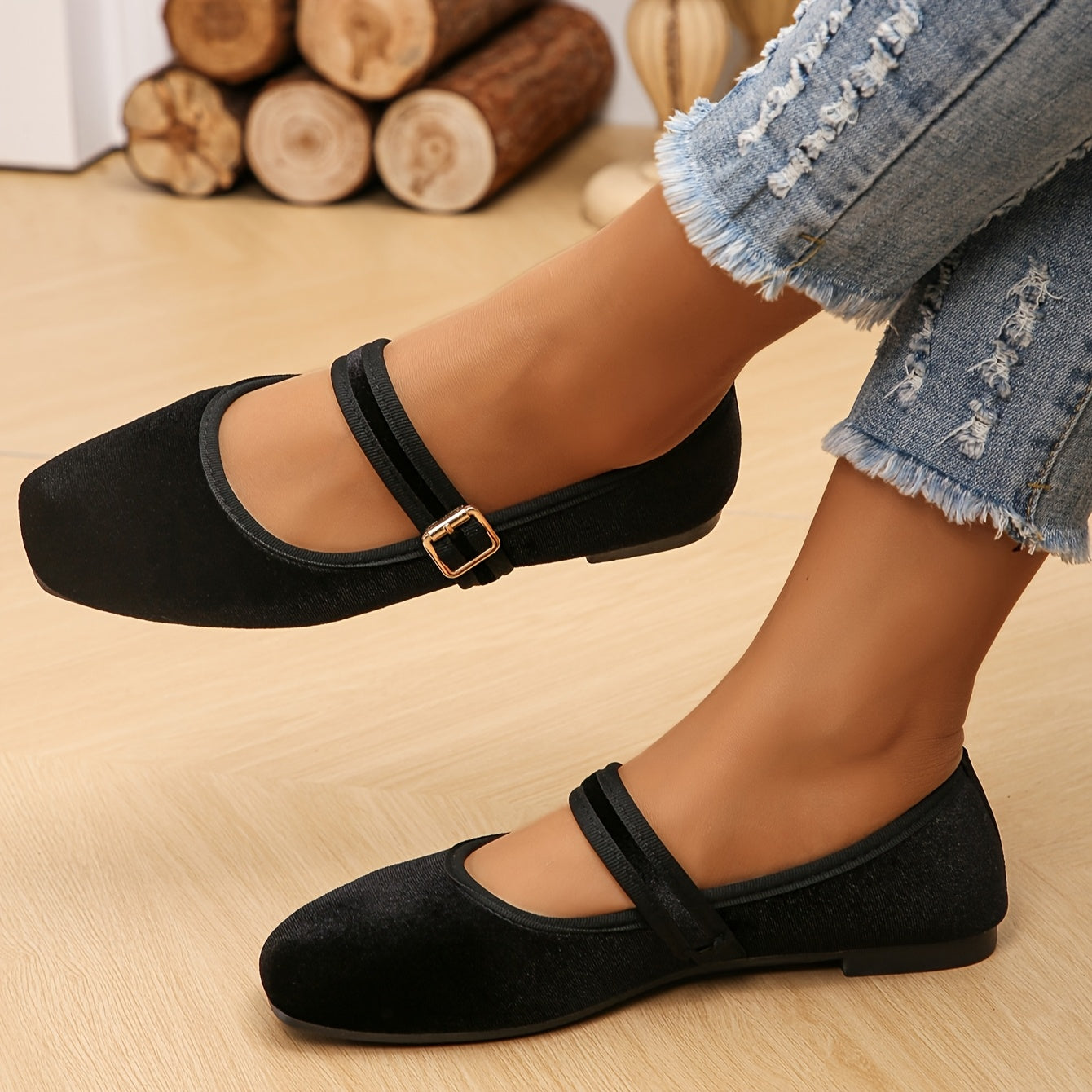 Women’s Mary Jane Flats with Strap Closure – Square Toe Ballet Shoes