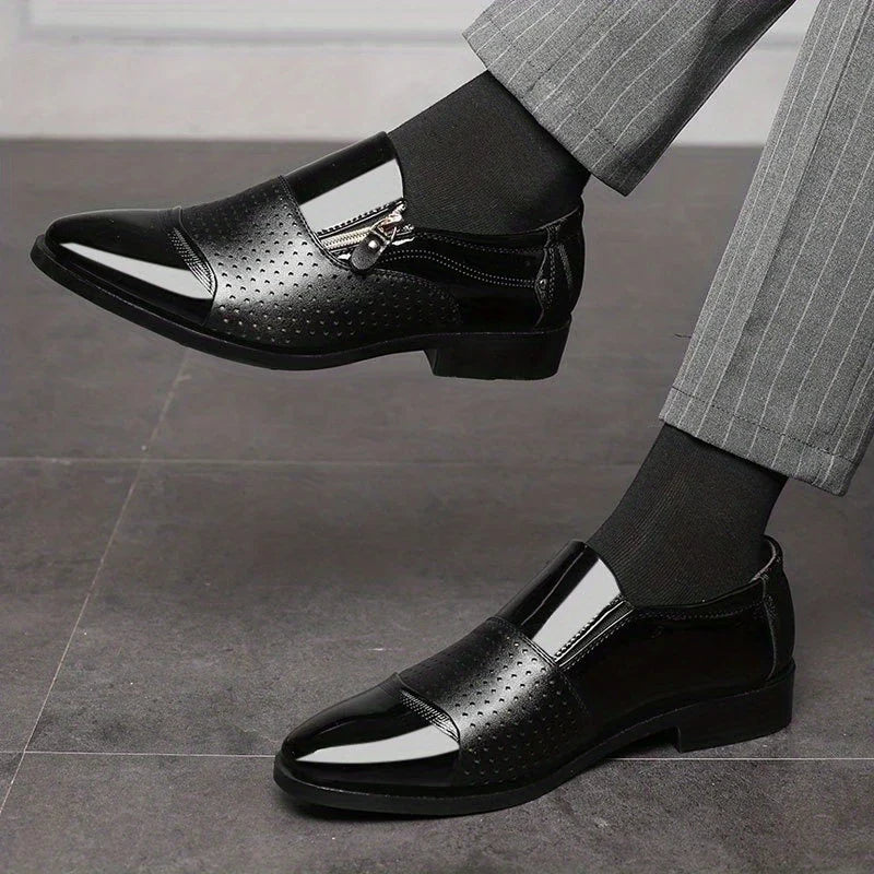 Men's Pointed Toe Dress Shoes - Side Zip - Patent Panel Upper Low Heel