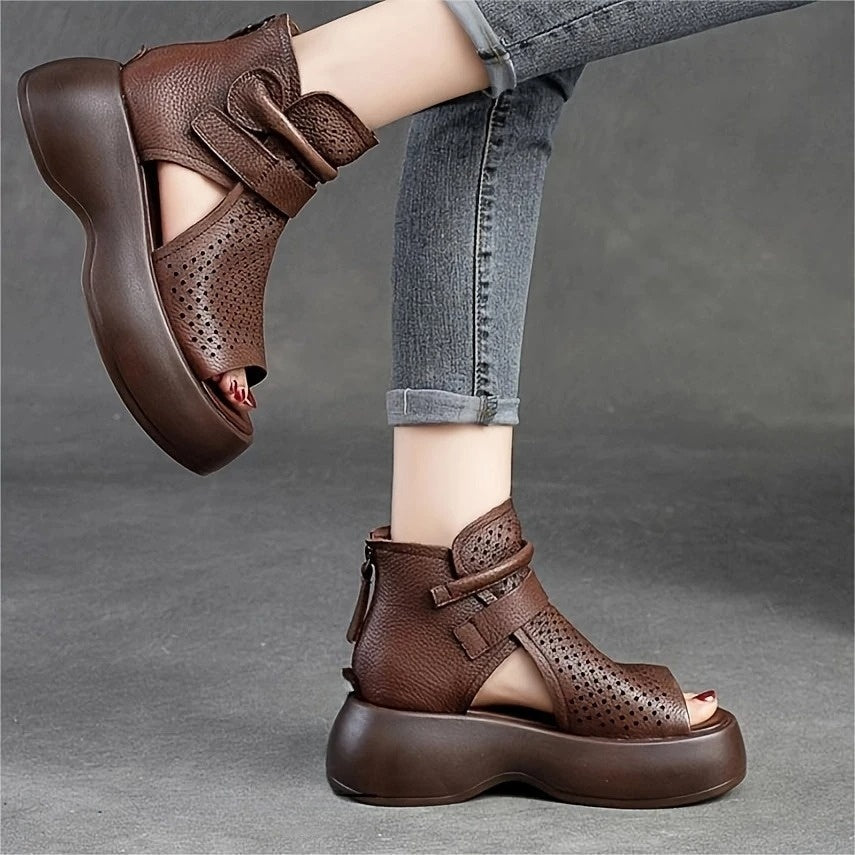Women’s Open Toe Platform Sandals with Perforated Upper and Ankle Strap