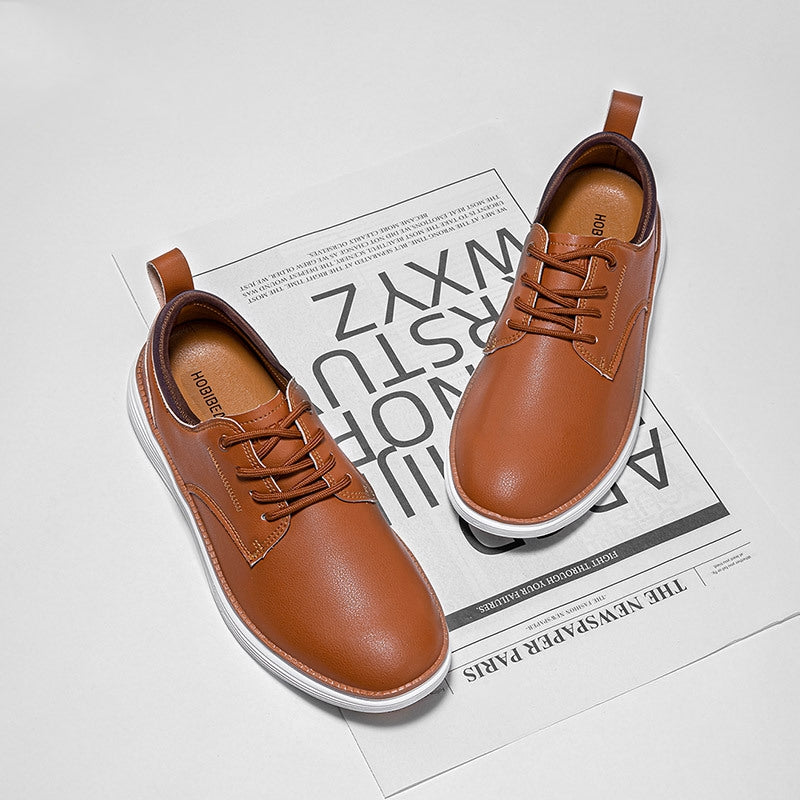 Men's Leather Casual Dress Shoes – Plain Toe Lace-Up with Chunky White Sole
