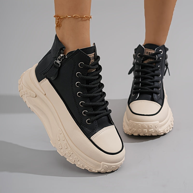 Women’s Rounded Toe High-Top Platform Sneakers with Lace-Up Closure and Side Zip