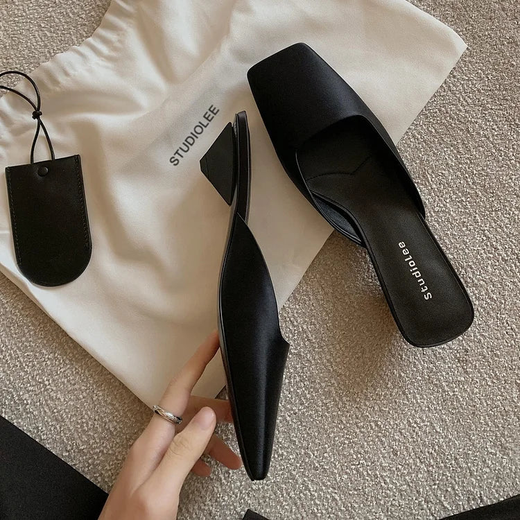 Women's Square Toe Slip-On Mule Slides - Flat Heel - Satin Upper