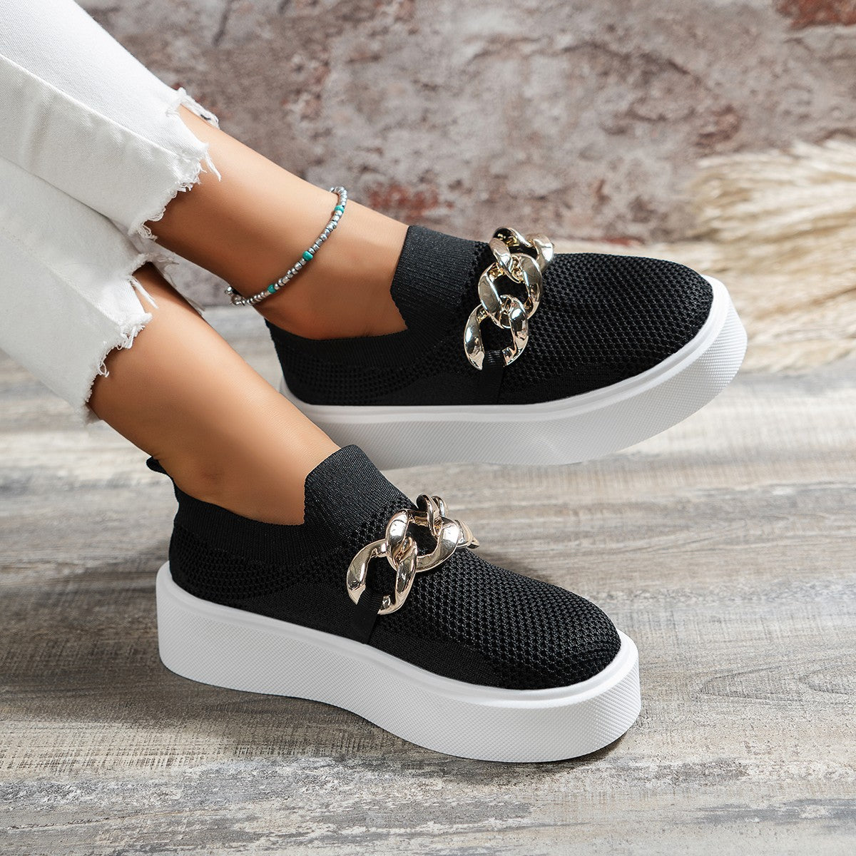 Women's Platform Sneakers – Round Toe Slip-On Knit with Chain Hardware