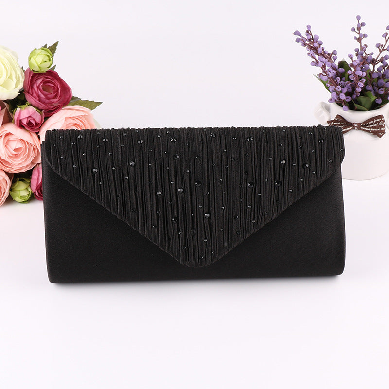 Women's Satin Rhinestone Clutch Bag Envelope with Pleated Flap