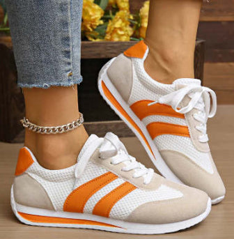 Women's Casual Sneakers – Lace-Up Low Top Mesh Upper with Stripe Panel