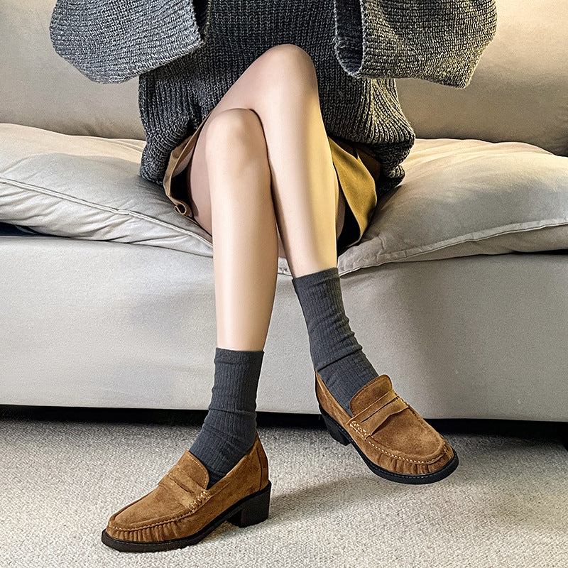 Women's Suede Penny Loafers with Block Heel and Round Toe