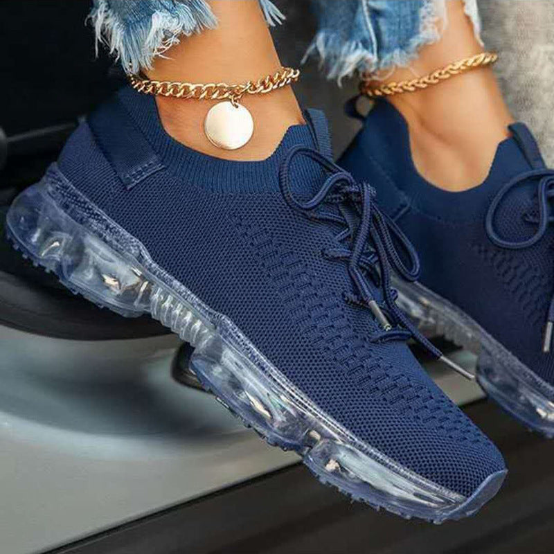 Women's Platform Sneakers – Round Toe Lace-Up Knit with Air Bubble Sole