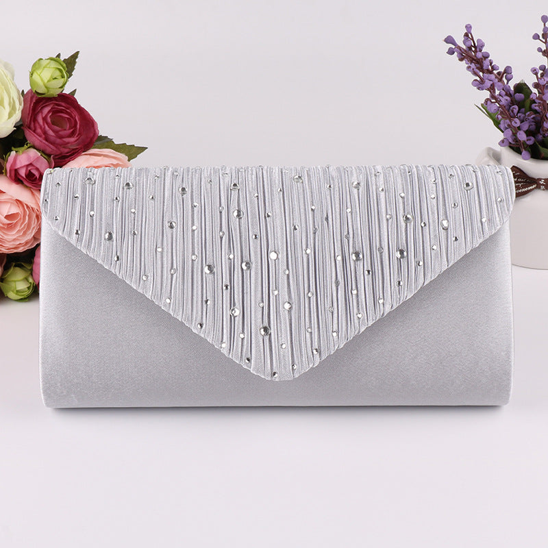 Women's Satin Rhinestone Clutch Bag Envelope with Pleated Flap