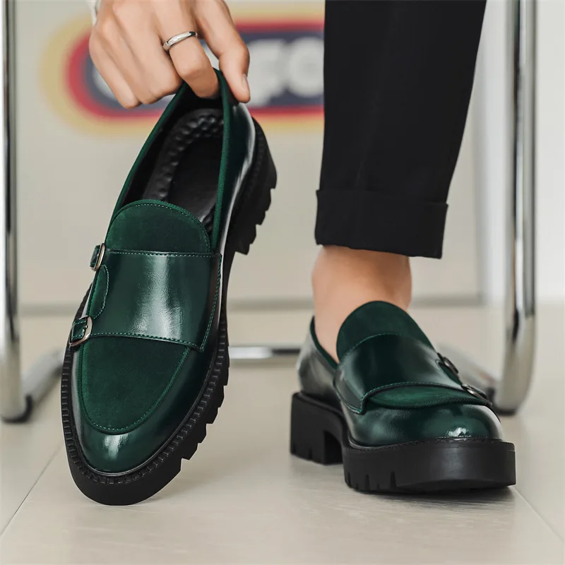 Men's Double Monk Strap Loafers - Platform Lug Sole - Round Toe