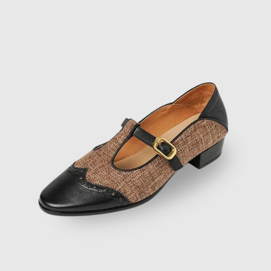 Women's Mary Jane Flats - T-Strap Buckle - Leather and Fabric Upper
