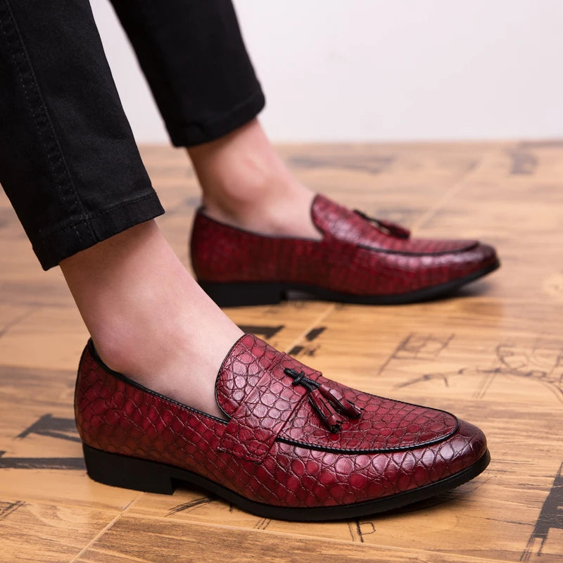 Men's Tassel Loafers - Slip-On Croc Embossed Upper - Pointed Toe