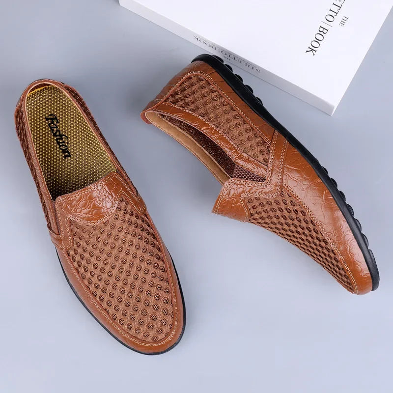Men’s Round Toe Mesh Faux Leather Loafers with Breathable Perforated Upper