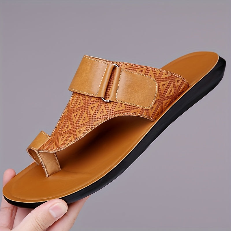 Men's Open Toe Leather Sandals – Toe Loop Slip-On with Geometric Embossed Strappy