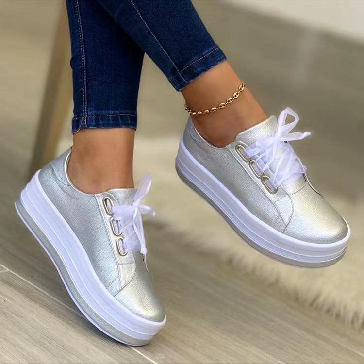 Women's Low Top Platform Sneakers - Lace-Up - Metallic Upper