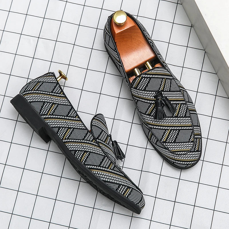 Men’s Almond Toe Checker Weave Faux Leather Tassel Loafers with Slip-On Design