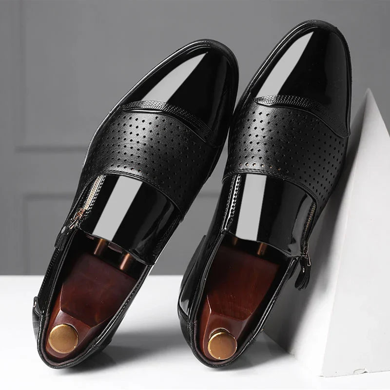 Men's Pointed Toe Dress Shoes - Side Zip - Patent Panel Upper Low Heel