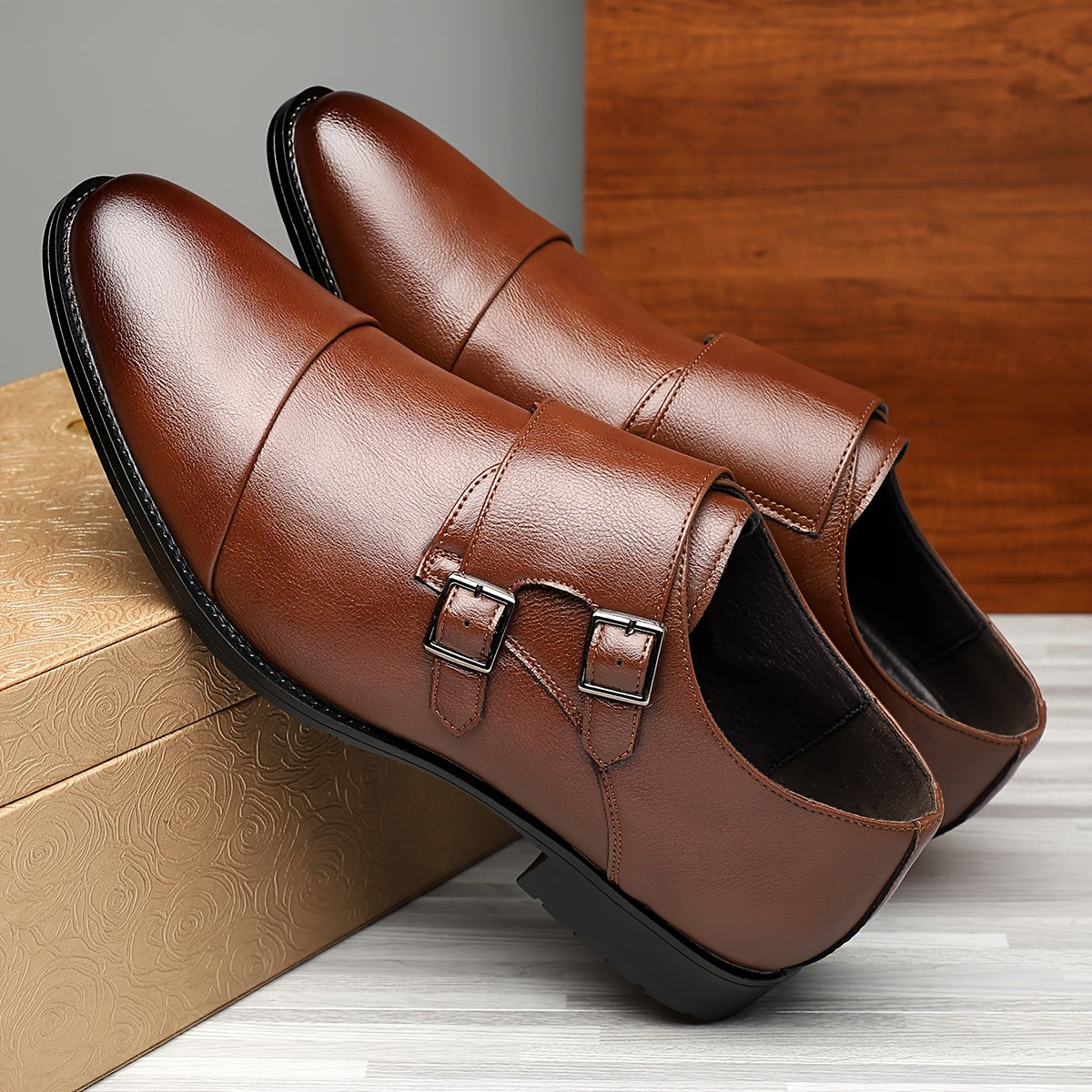 Men's Double Monk Strap Dress Shoes – Cap Toe Leather Slip-On