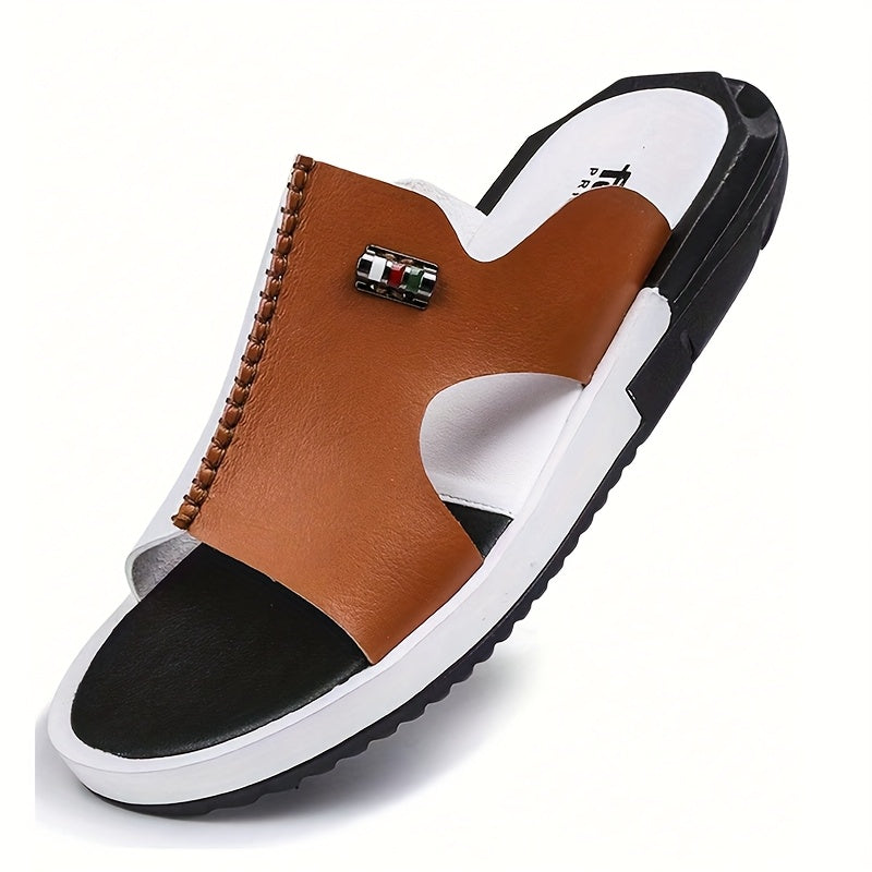 Men's Slide Sandals – Open Toe Slip-On with Contrast Panel and Flat Sole