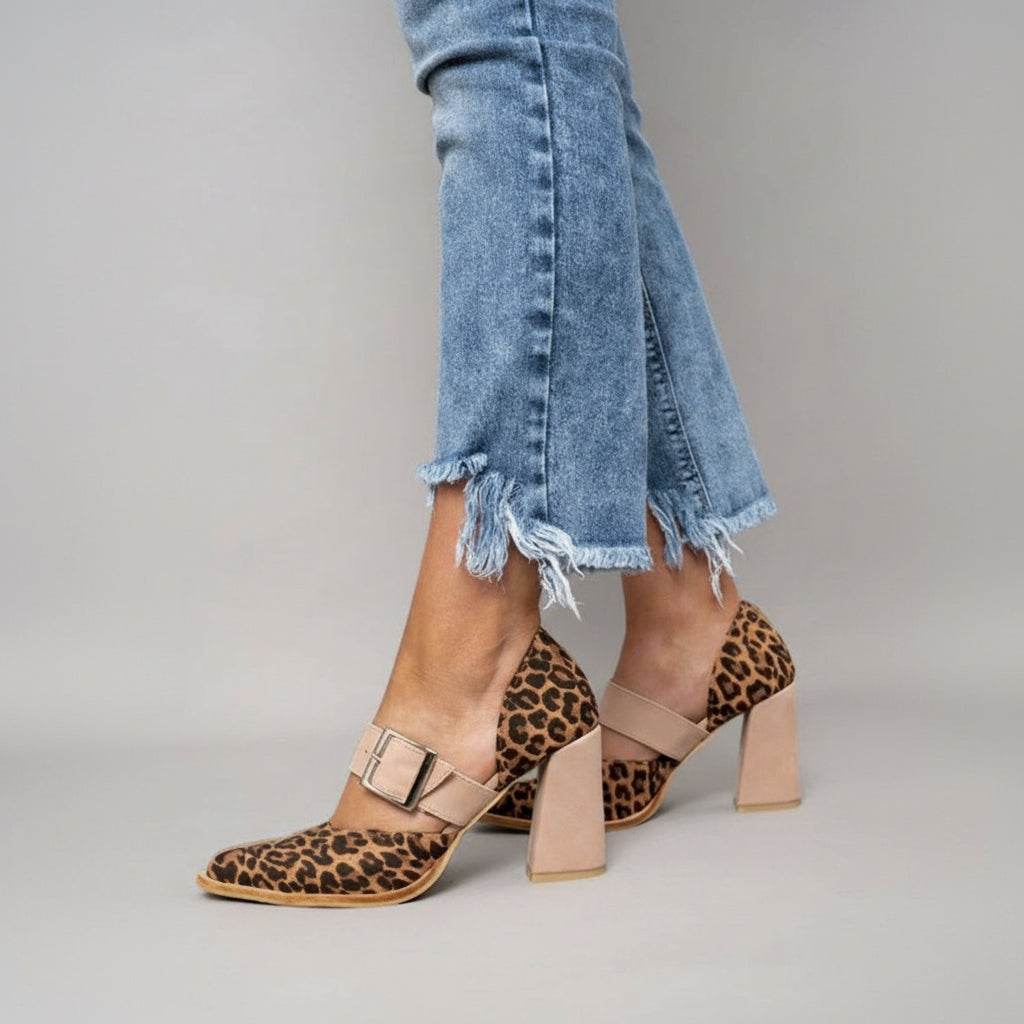 Women's Mary Jane Heels Pointed Toe Block Heel Leopard Print Buckle